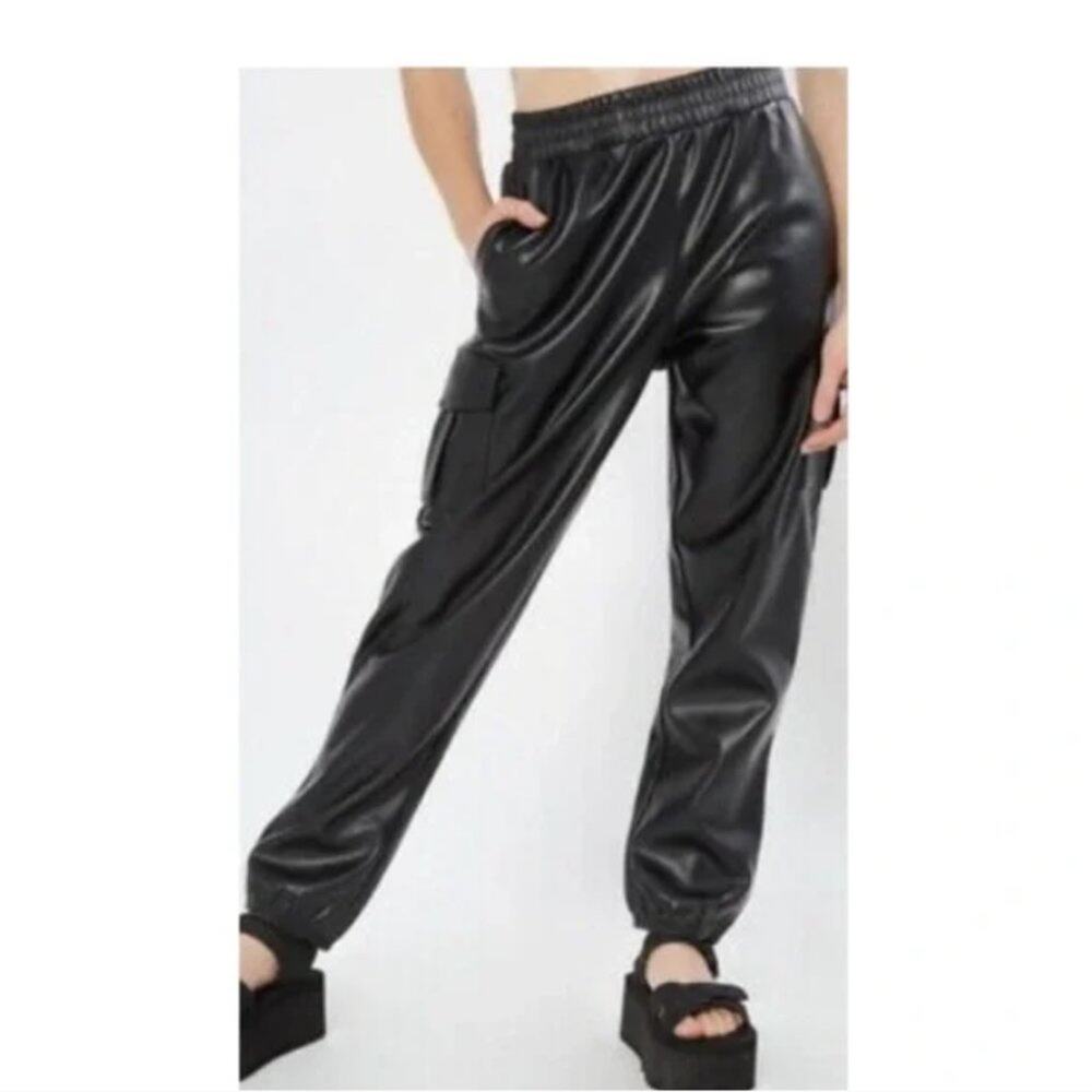 NEW Faux Leather Black Cargo Joggers Pants Mobwife City chic Boss